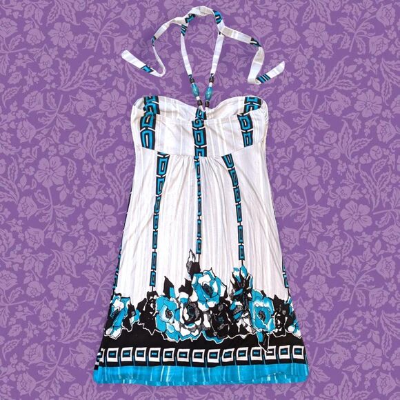 2000s Venus White and Blue Beachy Halter Dress with Wooden Bead Detail | Size M - Picture 5 of 7